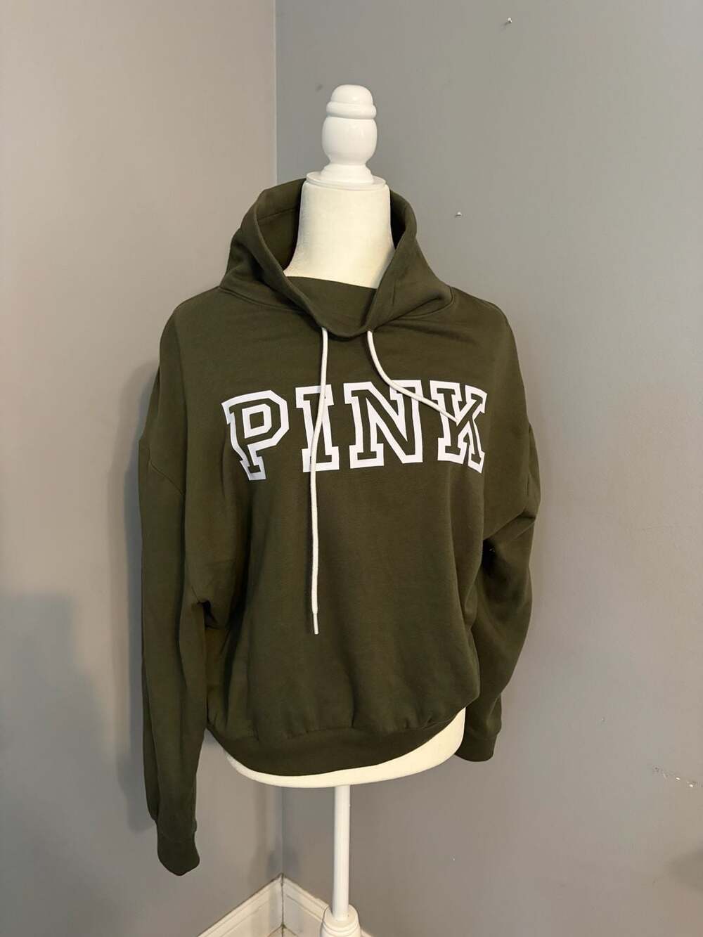 Victoria's Secret Pink Olive Green Cowl Neck Drawstring Sweatshirt S